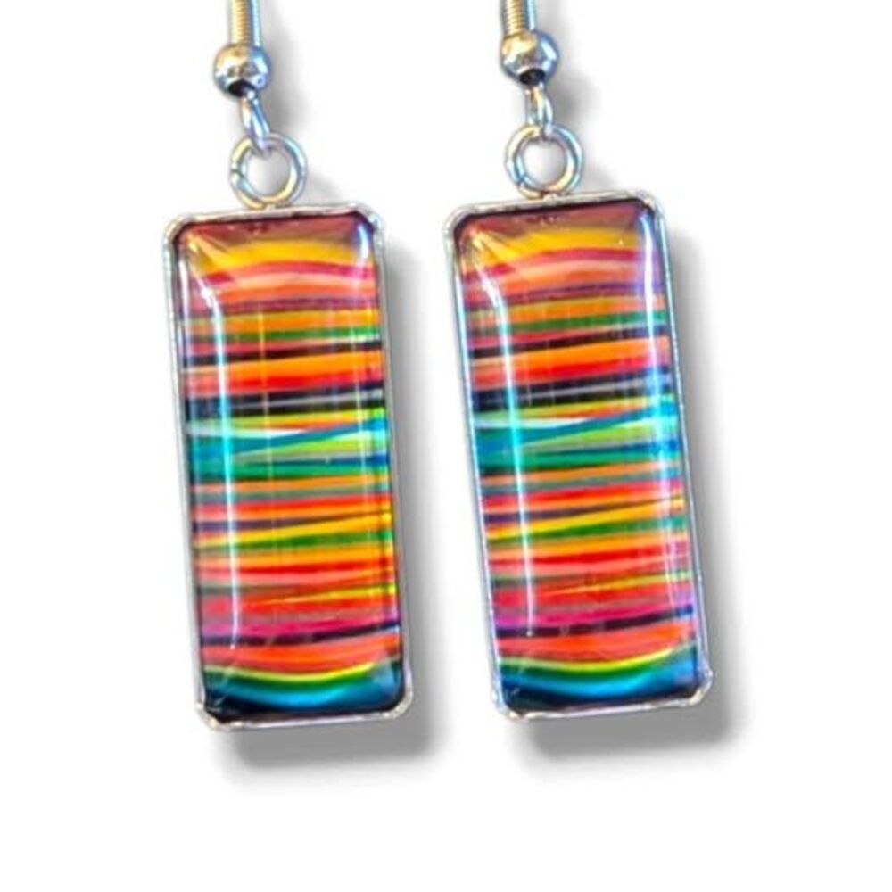 Vibrant Multicolored Rectangle Glass Cabochon Dangle Earrings - Hypoallergenic